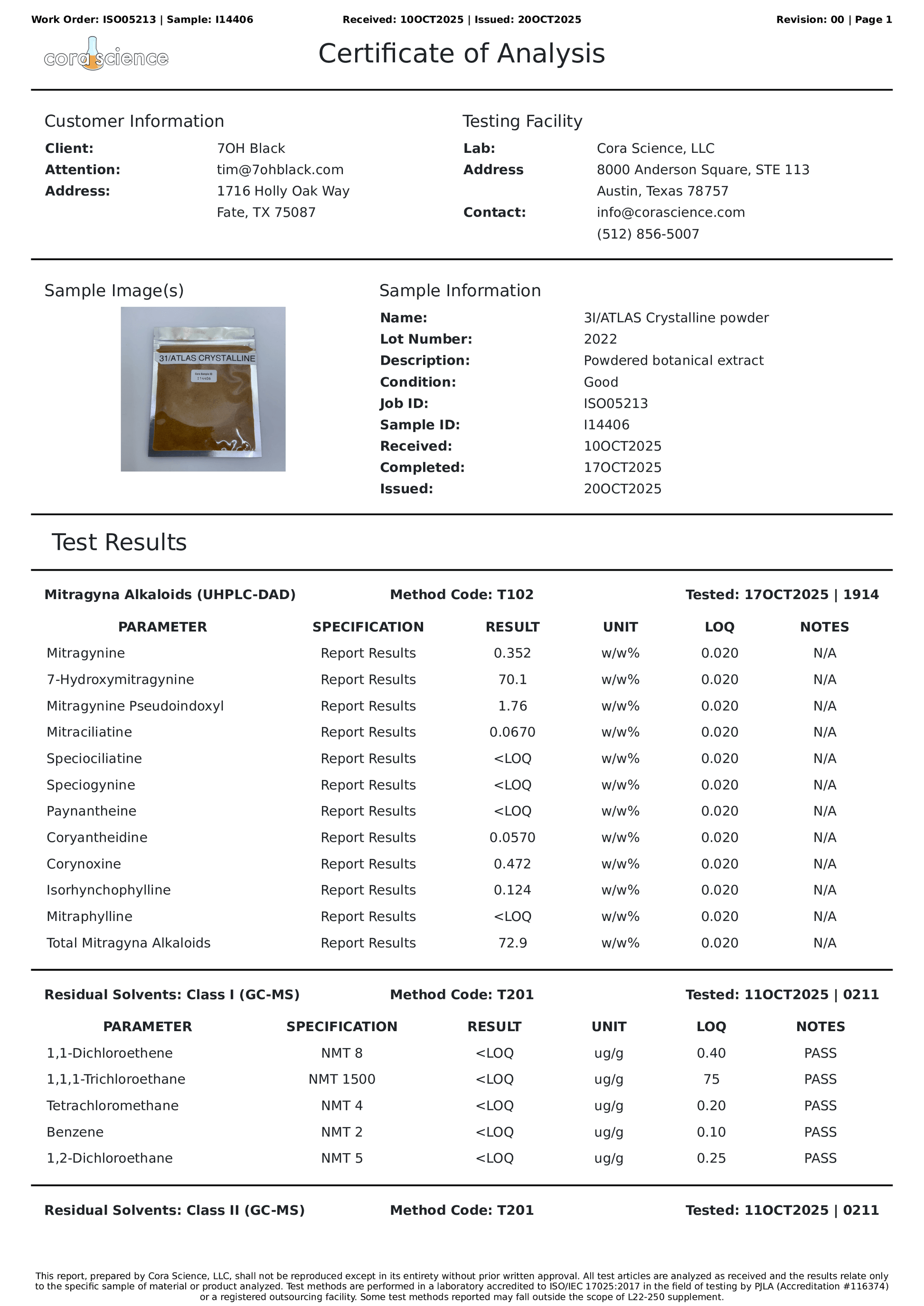 Certificate of Analysis for a sample of crystalline 7ohBLACK 7-oh powder with test results.