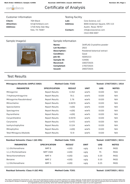 Certificate of Analysis for a sample of crystalline 7ohBLACK 7-oh powder with test results.
